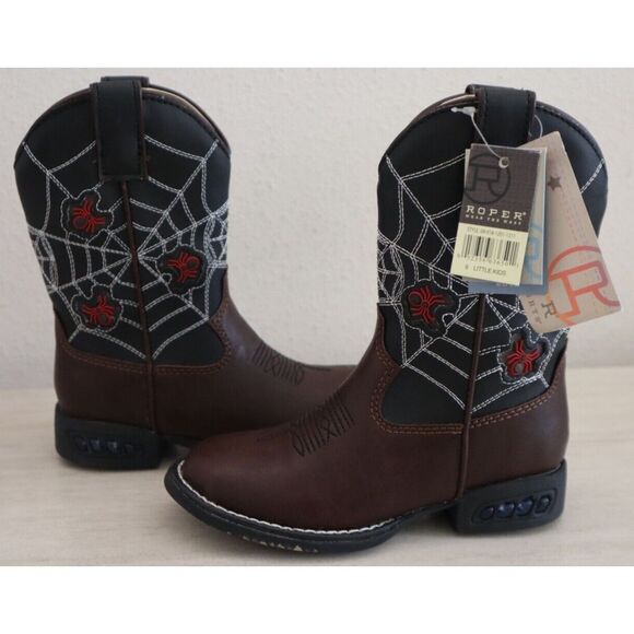 Roper Little Kids Sz 9M Brown Faux Leather Spider Web Light-Up Western Boots - Picture 16 of 16